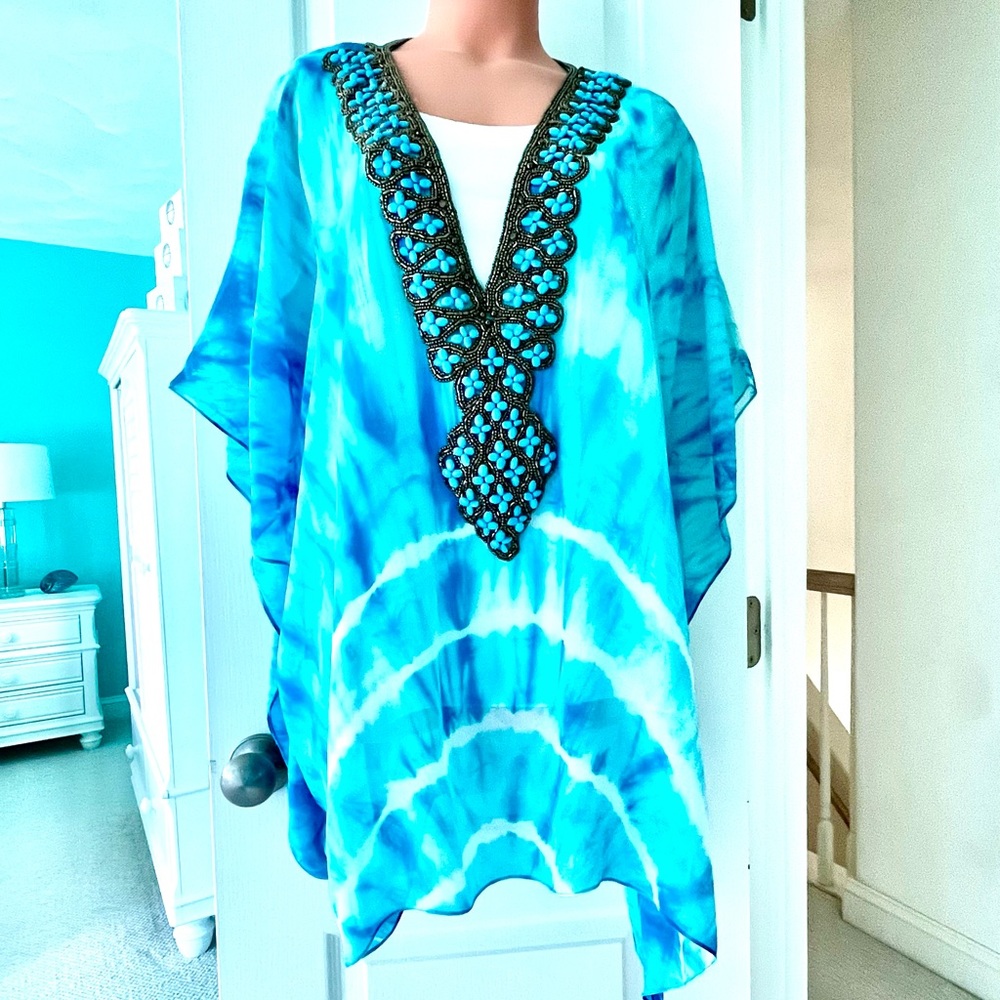 Kareem’s turquoise, heavily beaded beach, cover-up tunic size medium new tags